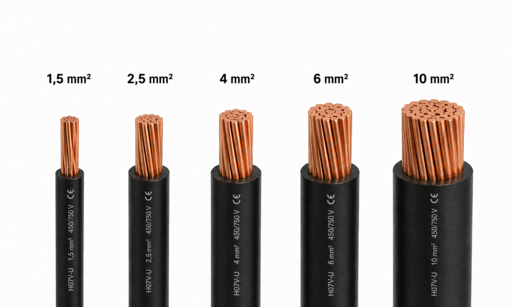 Comparaison visuelle de cinq sections de câbles électriques allant de 1,5 mm² à 10 mm².