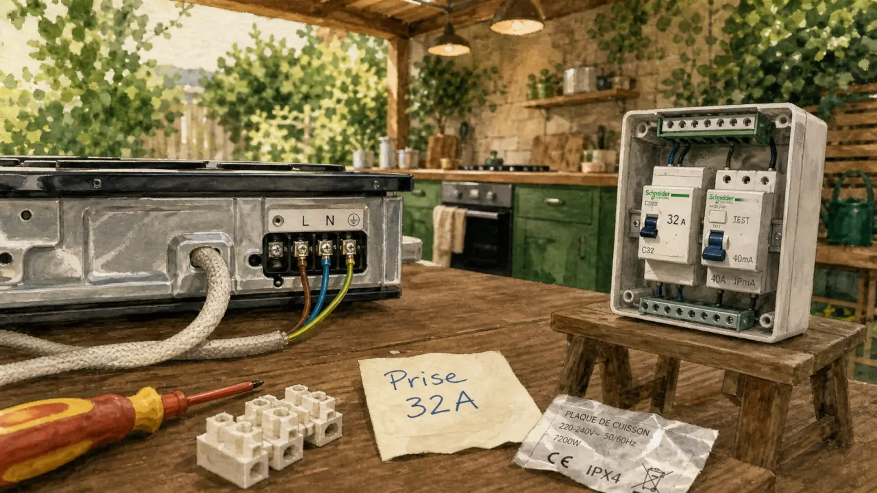 Matériel de branchement électrique avec une plaque de cuisson, un boîtier de protection et des dominos sur une table en bois.
