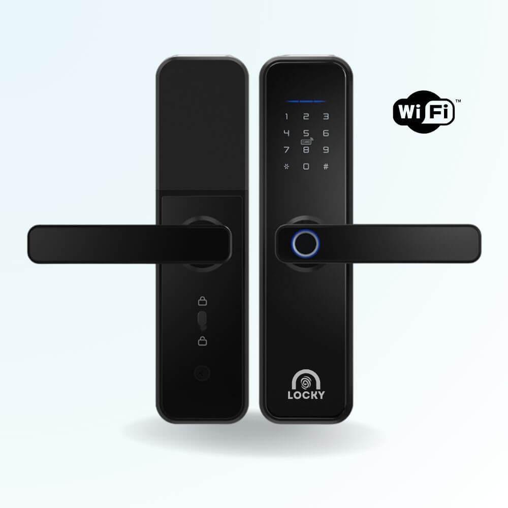 Une serrure connectée noire de la marque Locky avec clavier numérique, lecteur d’empreinte et logo Wi-Fi, présentée sur fond blanc.