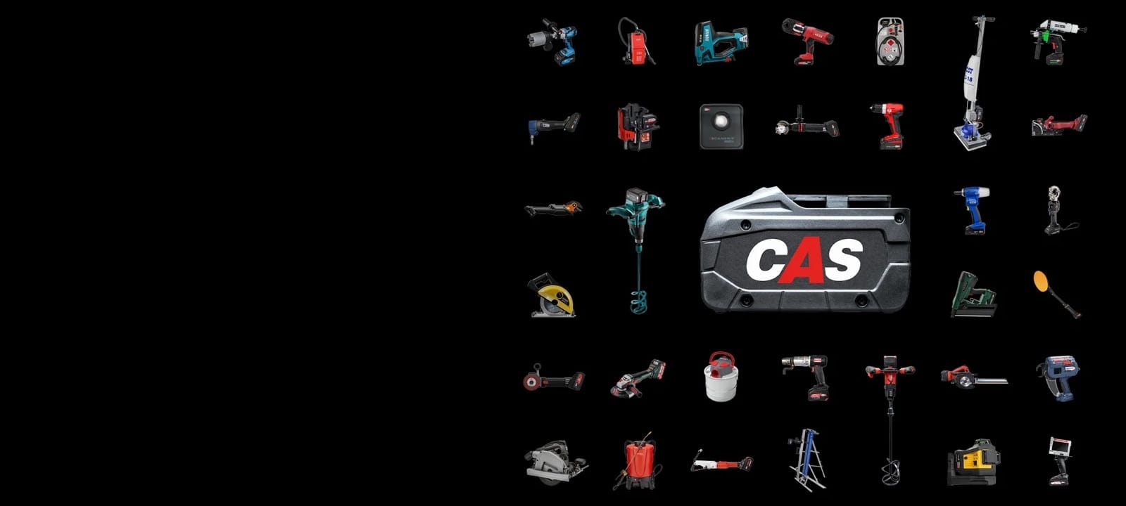 Batterie CAS entourée d'une trentaine d'outils électroportatifs de marques différentes partageant la même plateforme