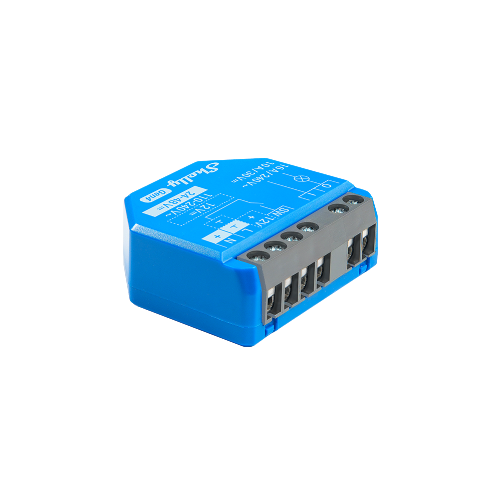 Un module relais connecté bleu de forme hexagonale allongée, modèle Shelly Gen4, sur fond blanc.