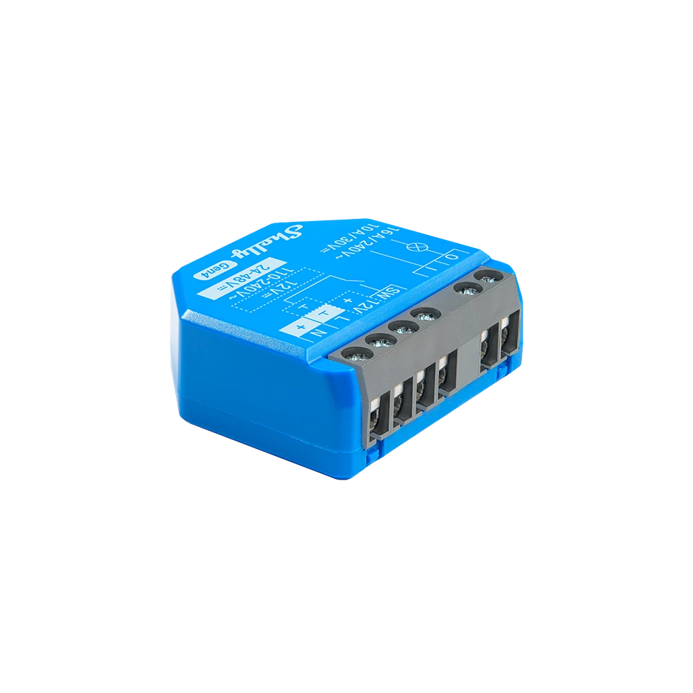 Module Shelly 1 Gen4 bleu sur fond blanc, bornes à vis visibles sur la face avant.