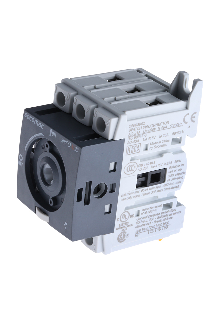 Sectionneur électrique gris et noir de la marque Socomec, modèle SIRCO M 25, présentant des bornes de connexion et des inscriptions techniques.