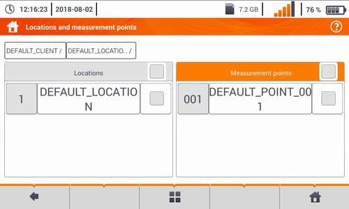 Écran de mémoire Sonel MPI-540 séparant les emplacements et points de mesure