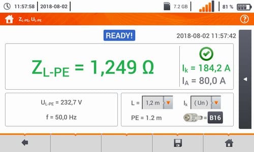 Écran Sonel MPI-540 affichant une mesure de boucle L-PE de 1,249 ohm et un courant de court-circuit calculé