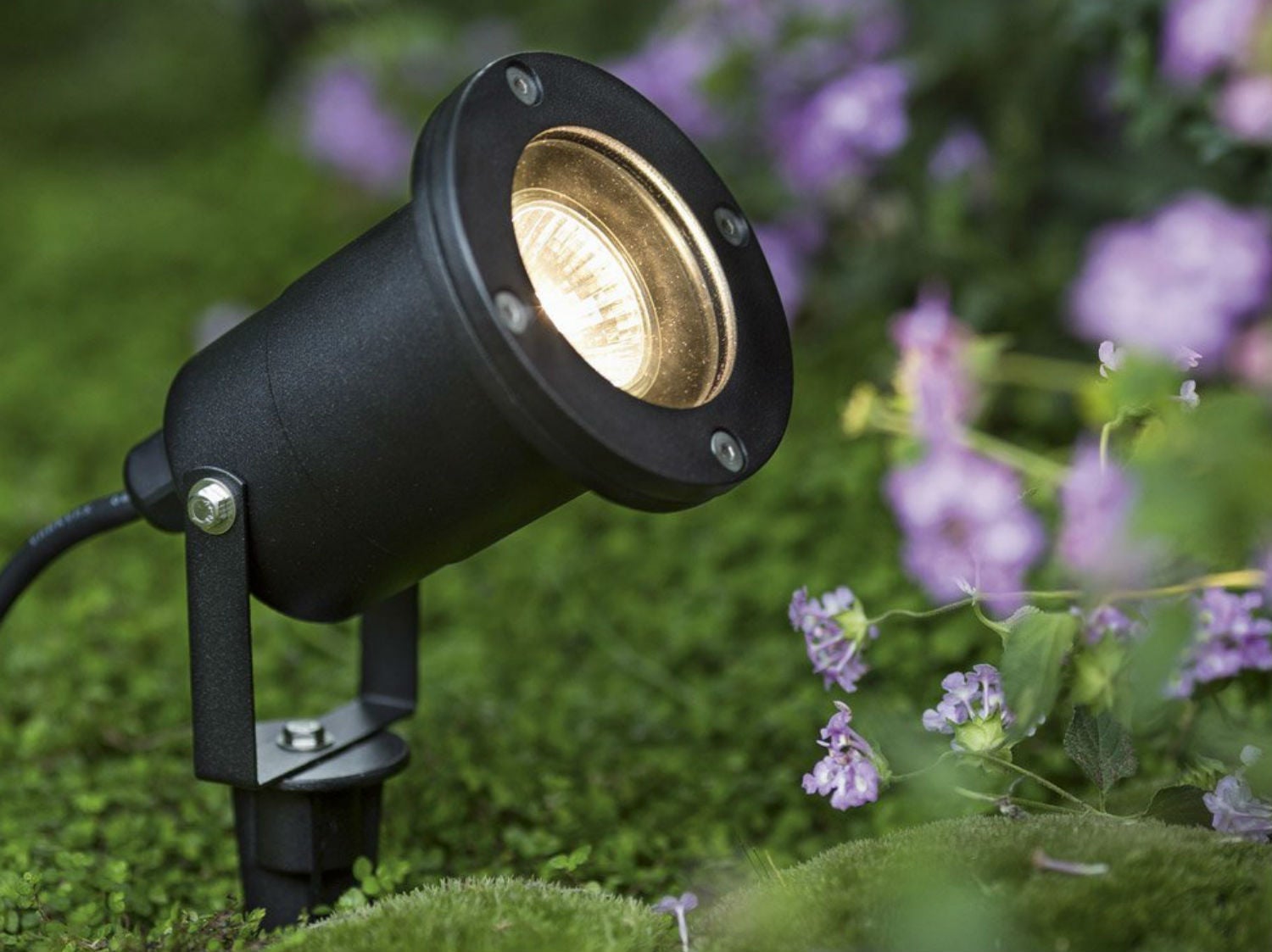 Gros plan d'un spot extérieur noir à piquer avec une lumière dorée, planté dans un sol recouvert de mousse verte avec des fleurs violettes en arrière-plan.