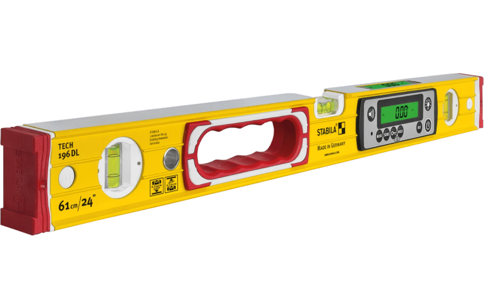 Niveau électronique Stabila TECH 196 DL posé sur une surface, écran numérique visible sur la face