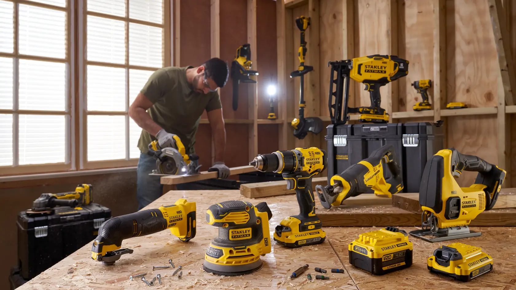 Gamme des outils électroportatifs sans fil Stanley FatMax V20 avec batteries V20 et caisses de rangement