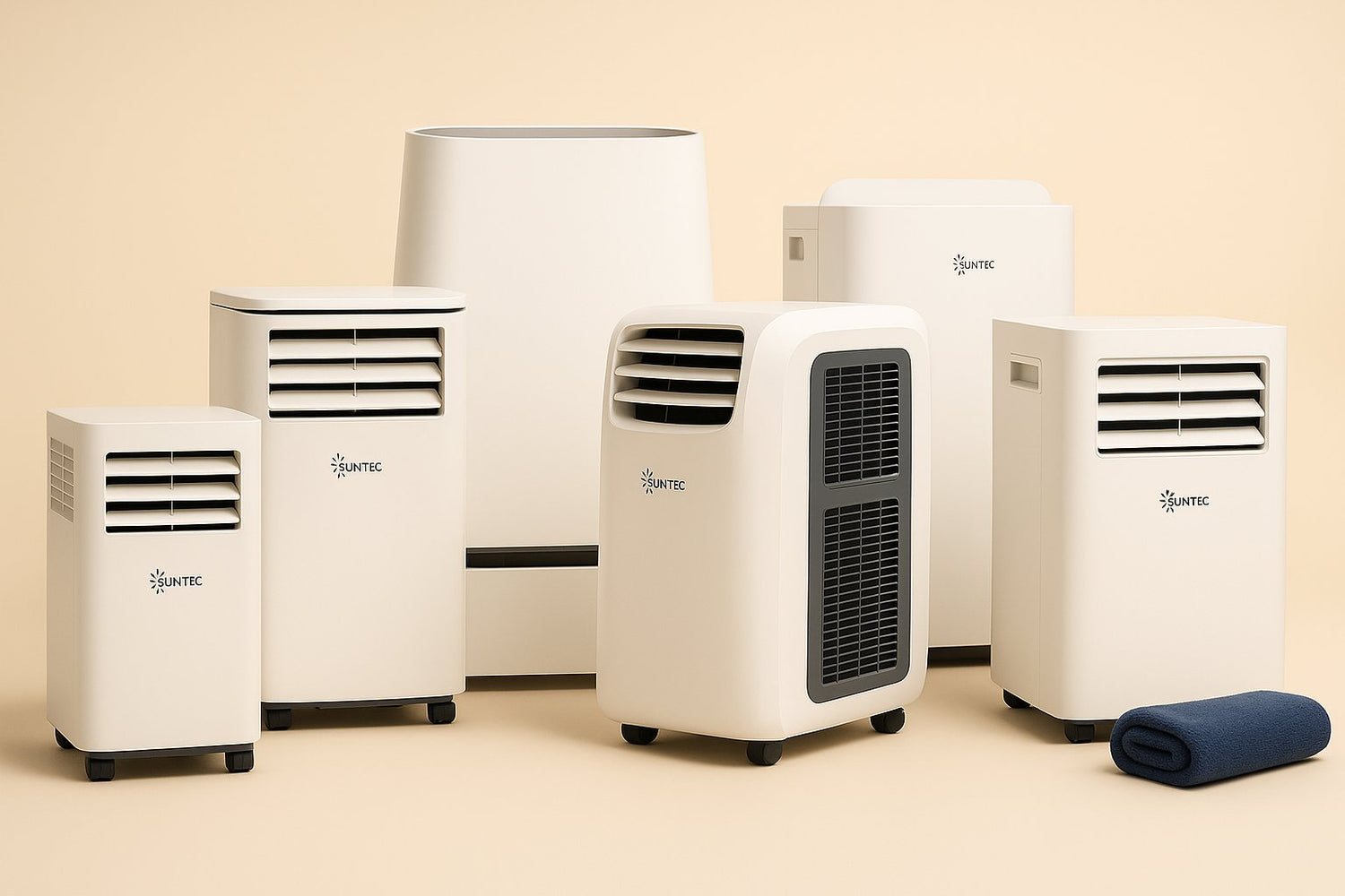 Bannière de la collection de climatiseurs mobiles Suntec Wellness, trois monoblocs alignés sur fond bleu