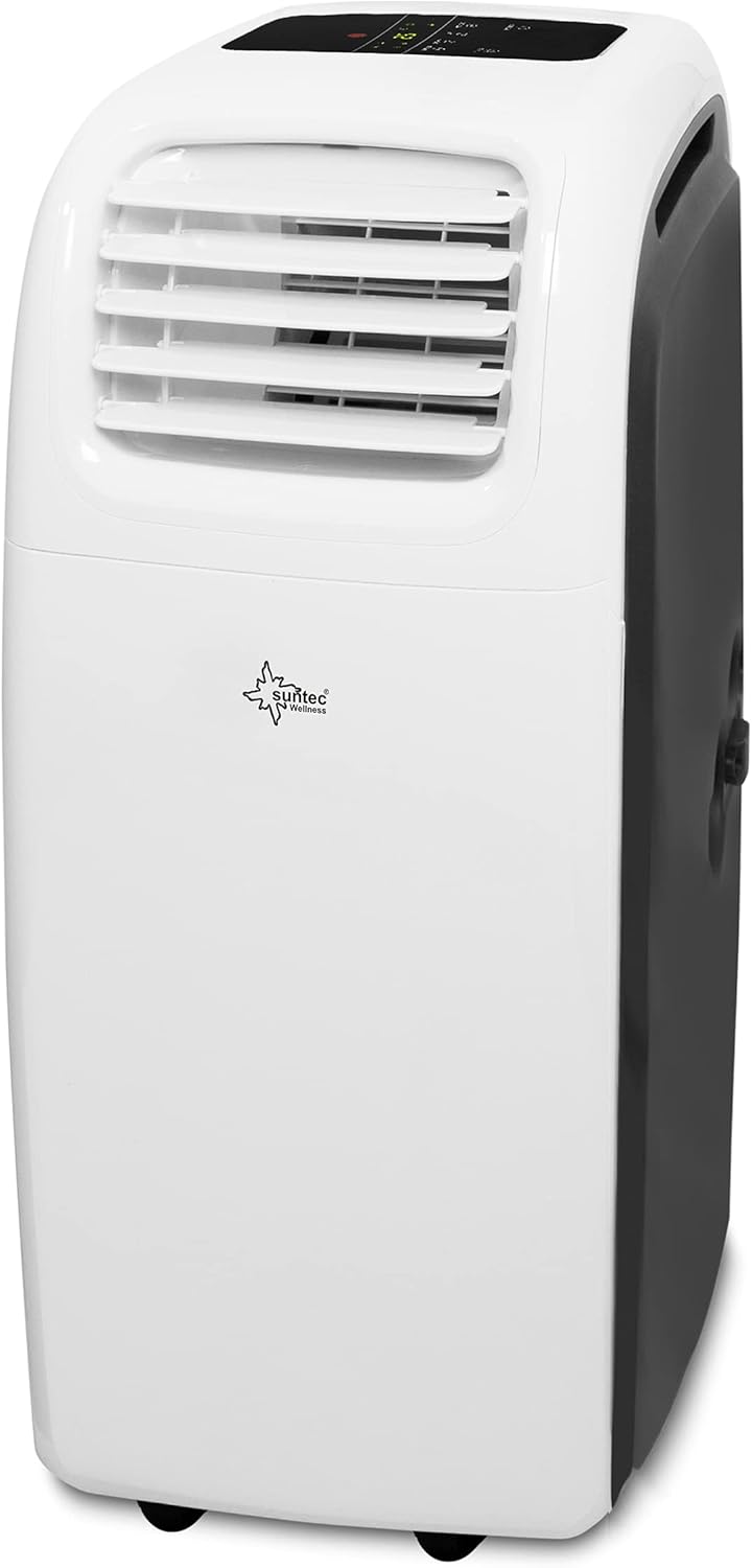 Climatiseur mobile Suntec Transform 14.000 Eco R290 présenté par le fabricant, sur fond bleu