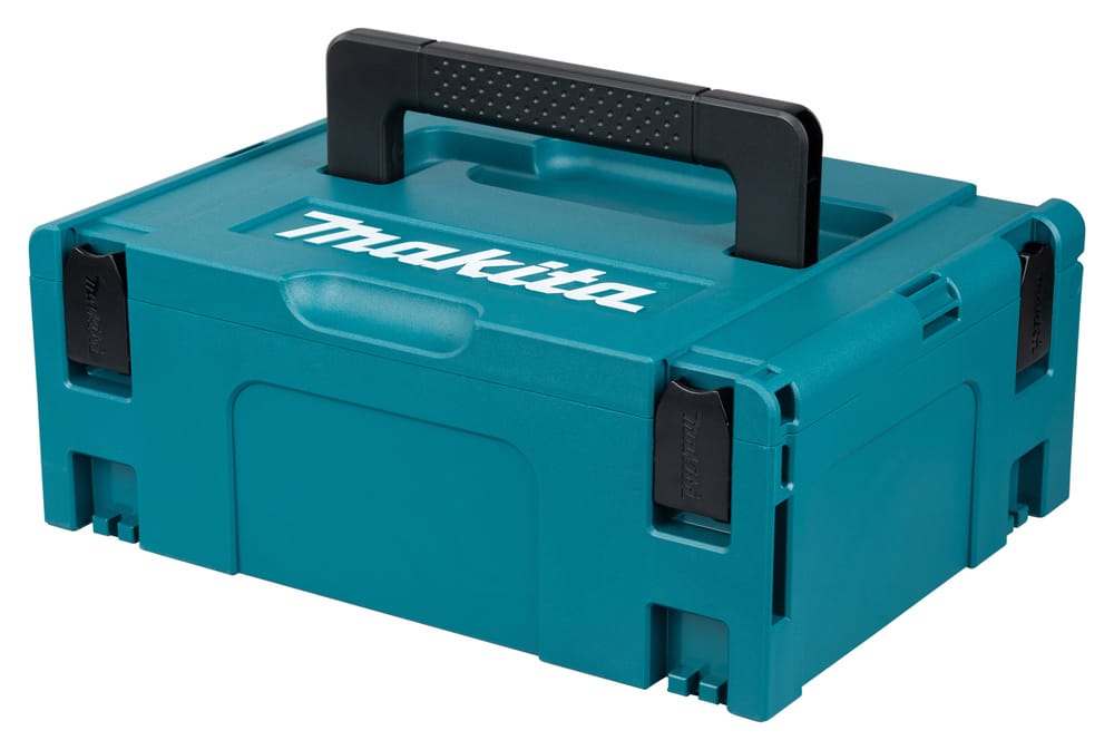 Coffret Makita MAKPAC 2 avec sa poignée centrale et ses clips de verrouillage