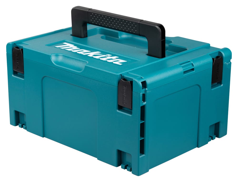 Coffret Makita MAKPAC 3 avec sa poignée centrale et ses clips de verrouillage