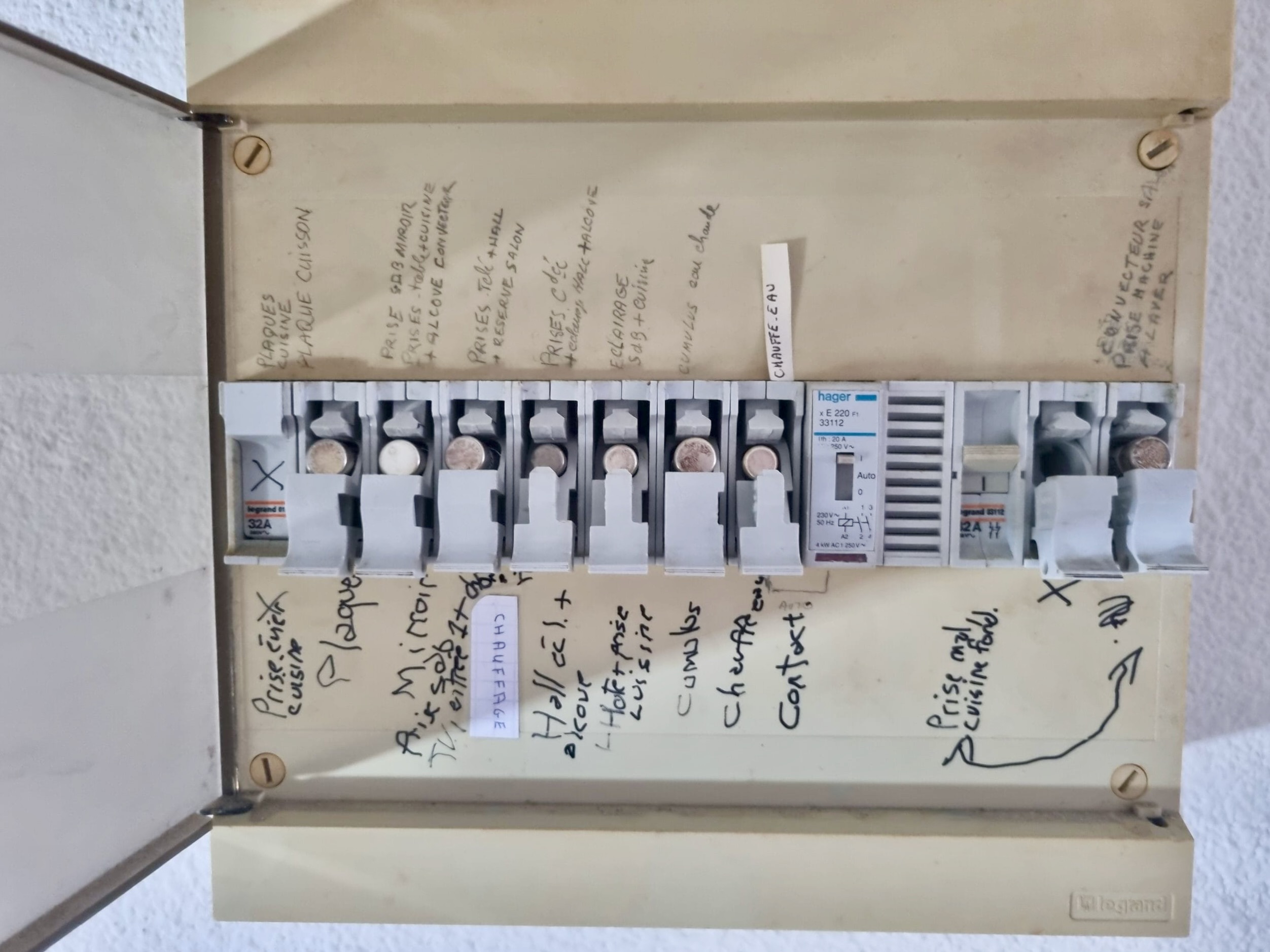 Ancien tableau Legrand années 70 avec fusibles — avant remplacement