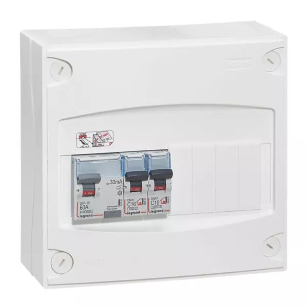 Petit coffret électrique Legrand équipé d’un différentiel et de deux disjoncteurs