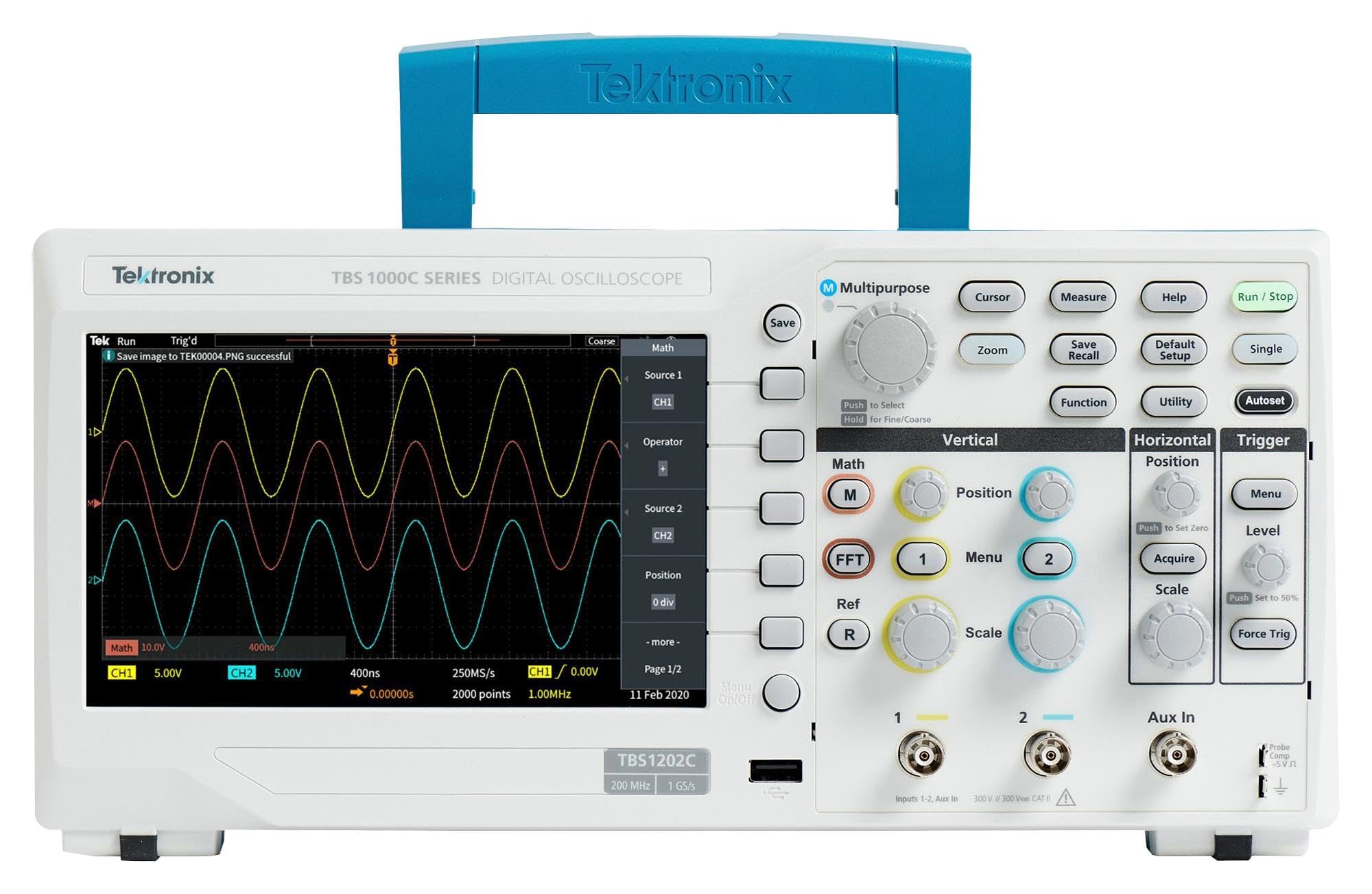 Un oscilloscope numérique blanc et bleu de la marque Tektronix, série TBS 1000C, affichant des ondes sinusoïdales colorées sur son écran.