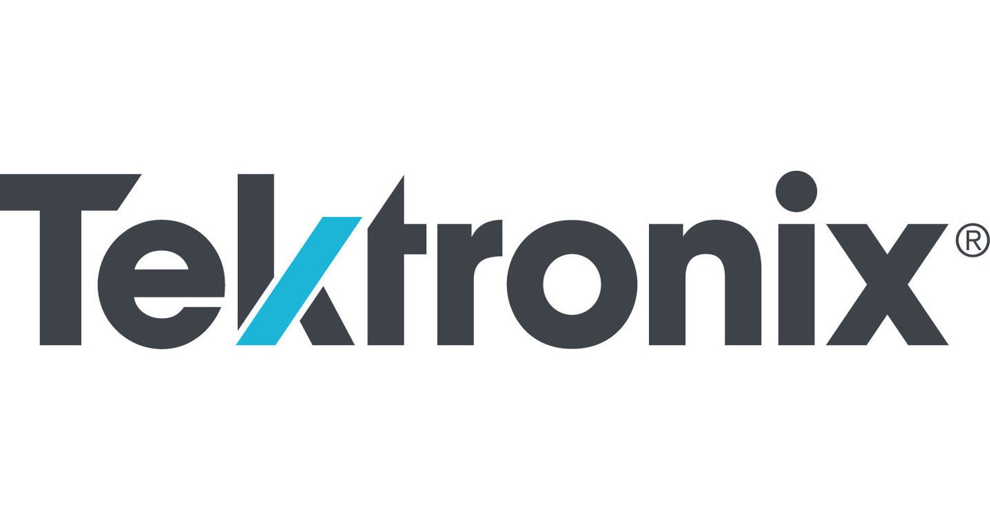 Le logo de la marque Tektronix écrit en gris avec une lettre stylisée en bleu sur fond blanc.