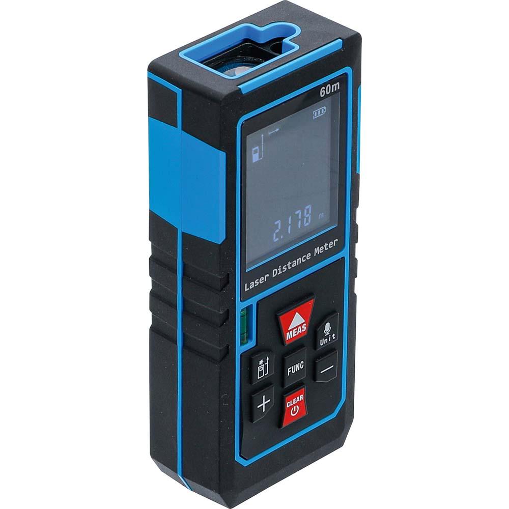 Un télémètre laser noir et bleu de 60m avec un écran affichant 2.178m et des boutons MEAS, FUNC et CLEAR.