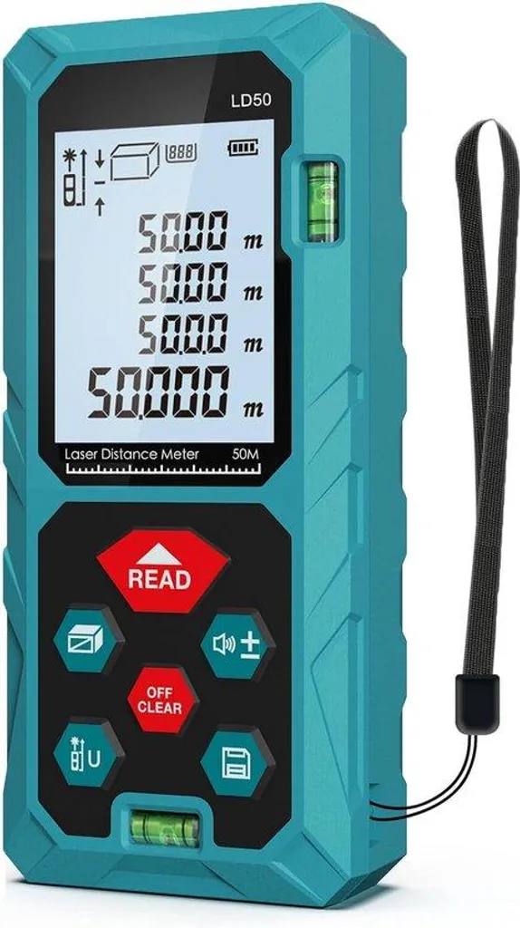 Un télémètre laser bleu turquoise modèle LD50 avec un écran affichant des mesures en mètres et des boutons READ et OFF CLEAR.