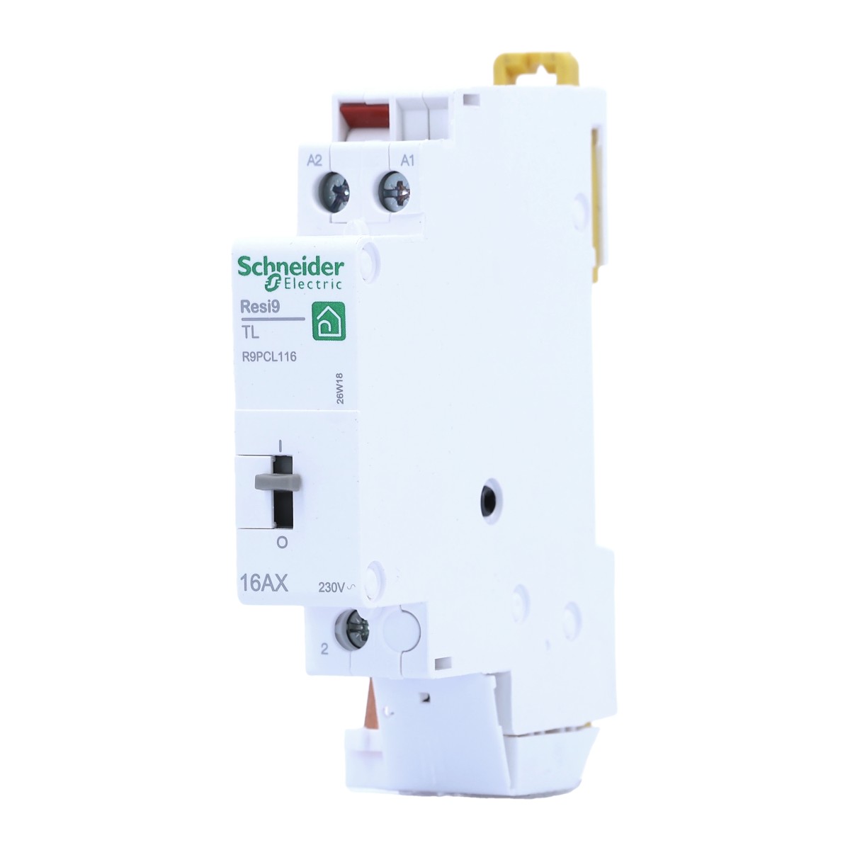 Télérupteur modulaire Schneider Resi9 seul, référence R9PCL116 et levier visibles