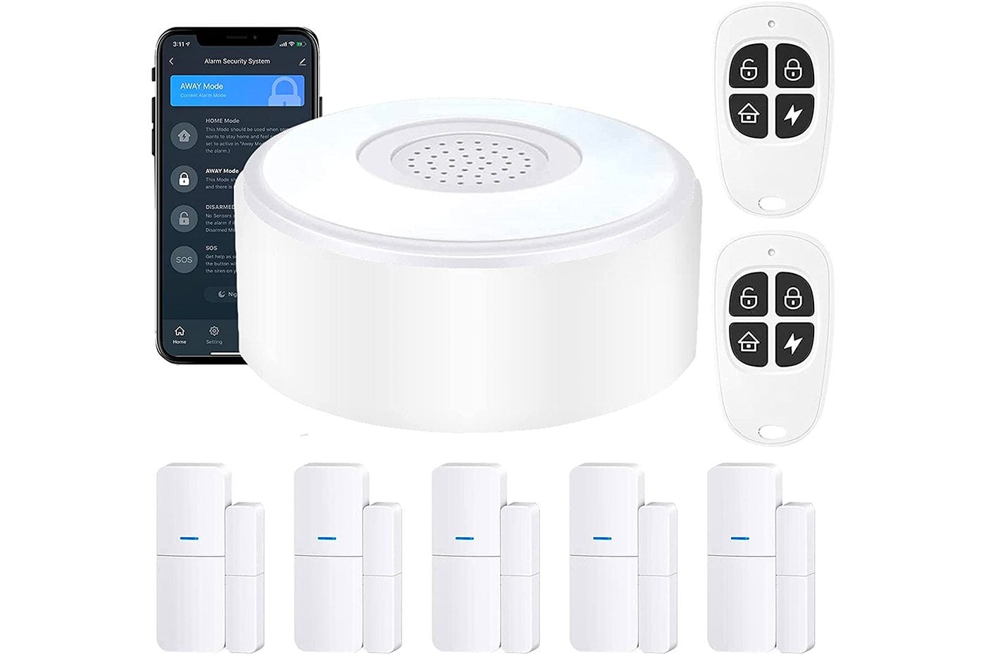 Kit d'alarme posé à plat avec une centrale ronde blanche, deux télécommandes, cinq capteurs d'ouverture et un smartphone allumé
