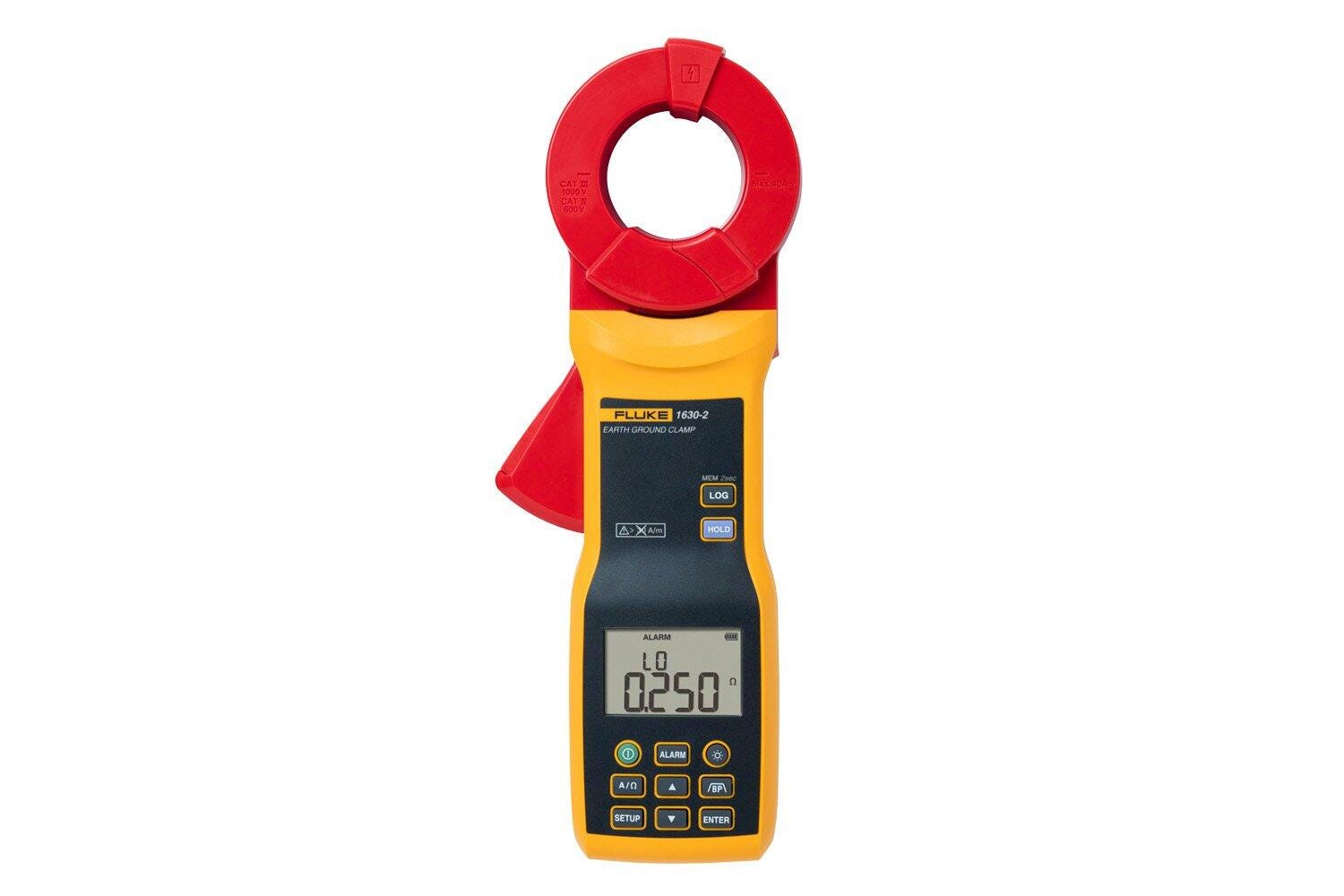 Pince de mesure de terre Fluke 1630-2 jaune et rouge avec écran digital affichant 0.250 ohms sur fond blanc.