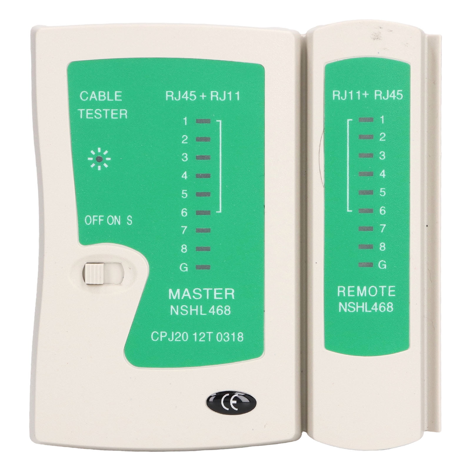 Deux boîtiers blancs d’un testeur de câbles RJ45 et RJ11 modèle NSHL468 avec des panneaux verts indiquant les LED de test pour les unités Master et Remote.