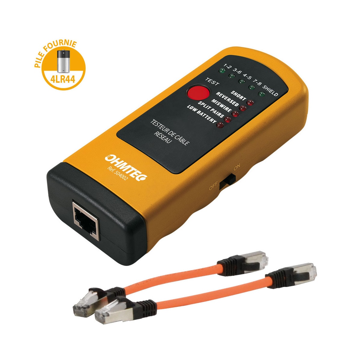 Un testeur de câble réseau jaune et noir de la marque OHMTEC avec un bouton rouge, plusieurs LED d’indication de défauts et deux petits câbles RJ45 orange.