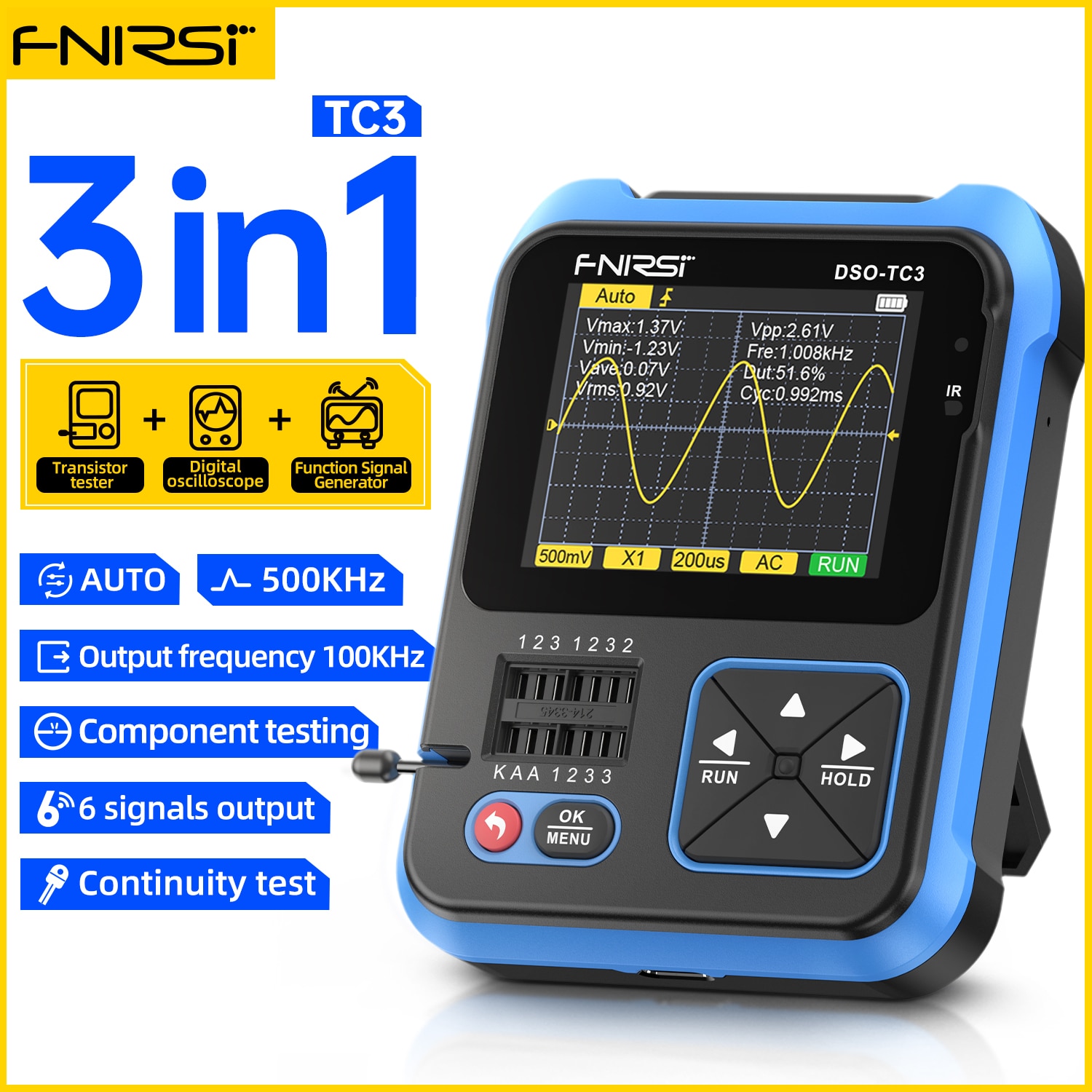 Un appareil de mesure bleu et noir de la marque FNIRSI modèle DSO-TC3 avec un écran affichant une sinusoïde, des boutons de navigation et une zone de test de composants, entouré de textes décrivant ses fonctions 3 en 1.