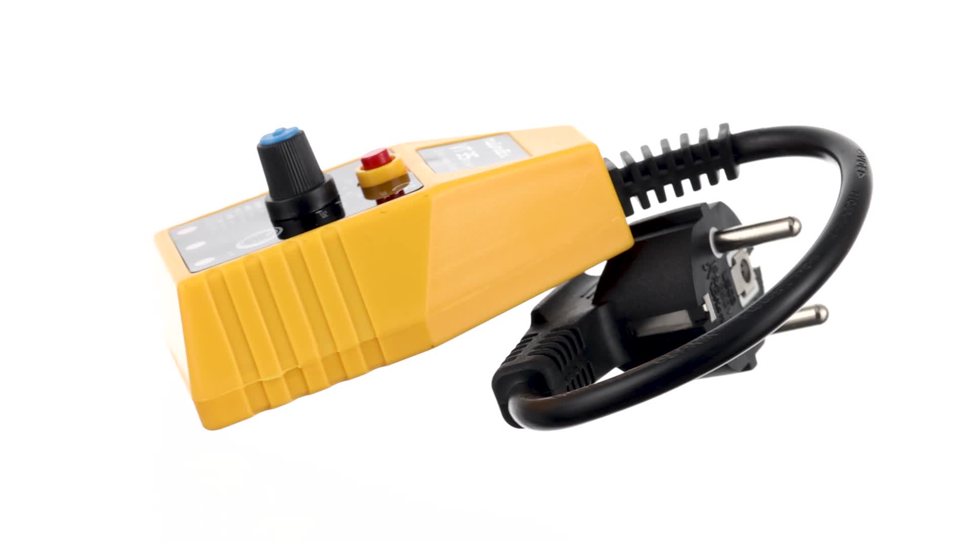 Vue de profil d’un testeur électrique jaune avec câble et prise noire sur fond blanc.