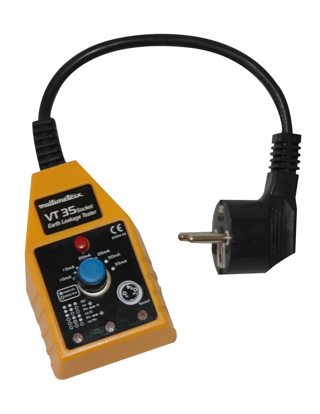 Testeur multimetrix VT 35 jaune avec son câble noir et sa prise électrique sur fond blanc.