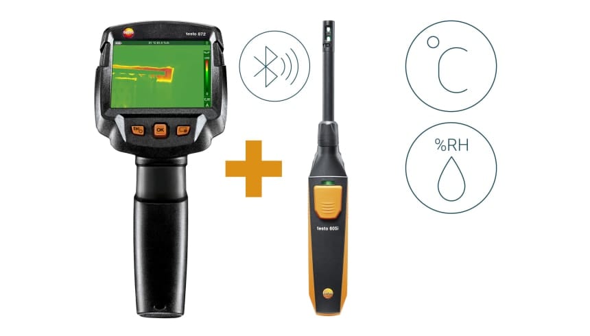 Kit de diagnostic bâtiment Testo autour d’une caméra thermique avec accessoires