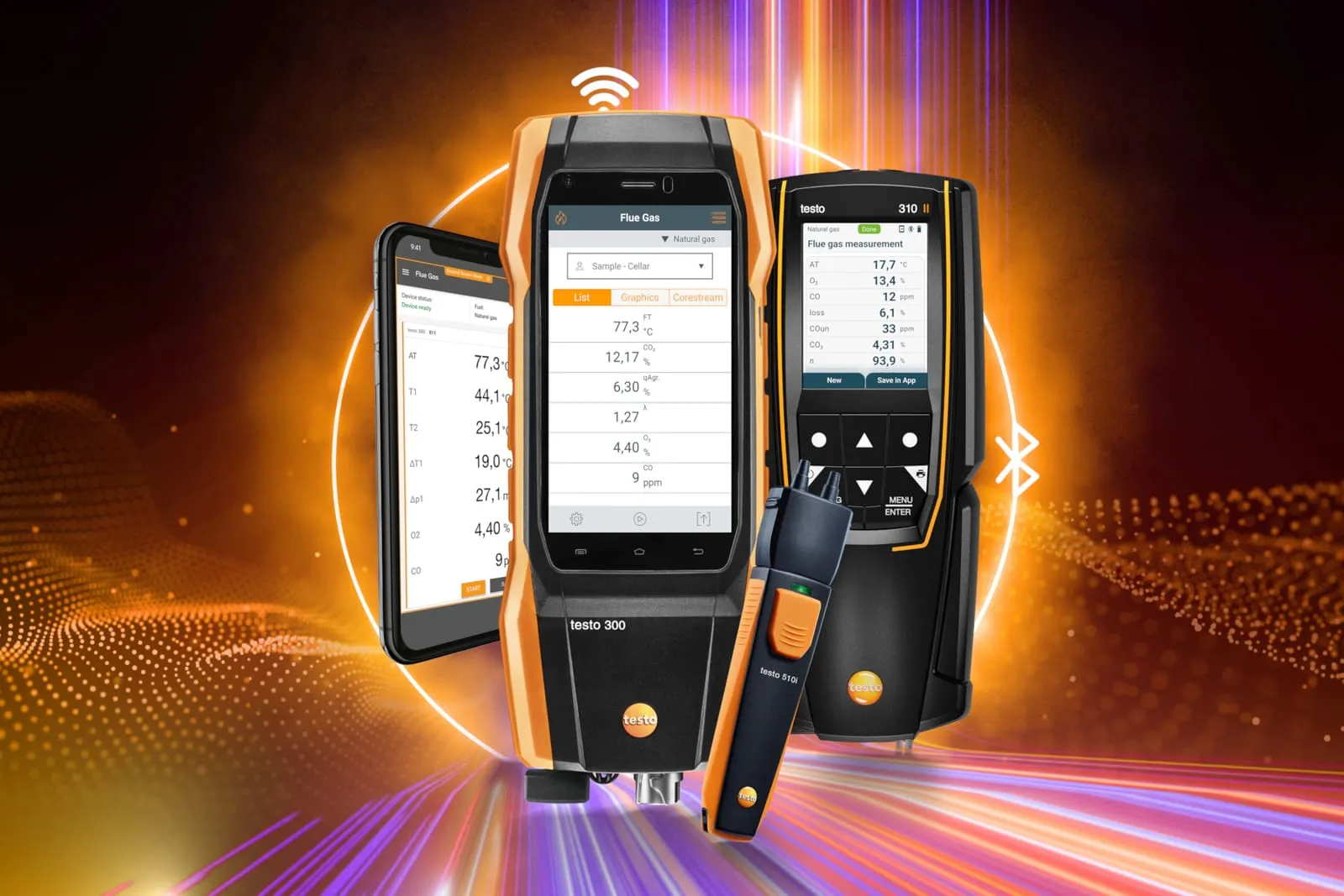 Analyseurs de combustion Testo de la gamme 300 et 310 avec sondes et accessoires