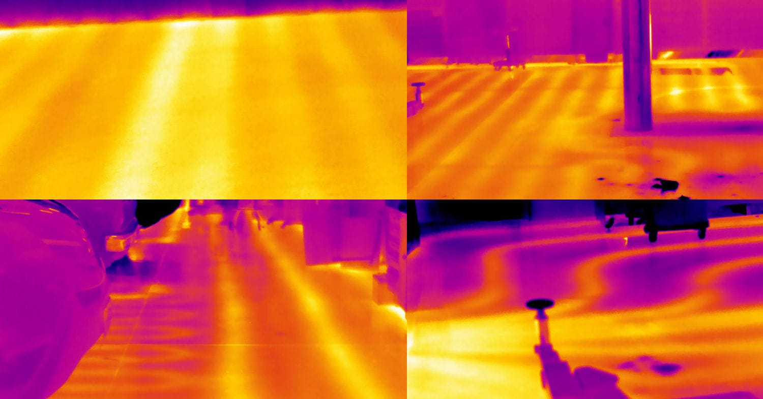 Montage FLIR montrant des images thermiques de fuites dans une dalle en béton