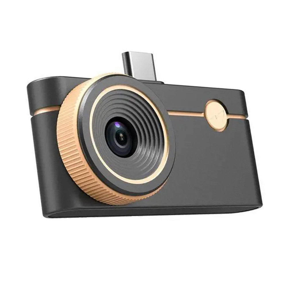 Une petite caméra thermique compacte noire avec des accents dorés et un connecteur USB-C.