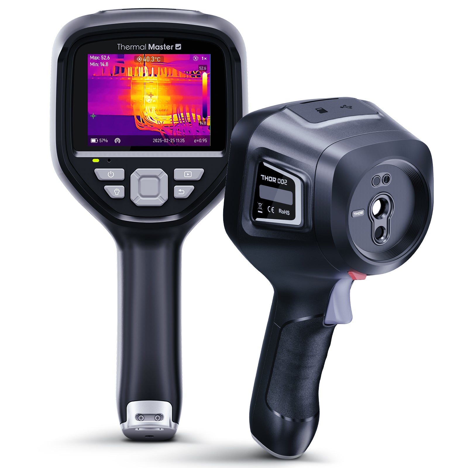 Deux caméras thermiques portables noires, l'une affichant une image thermique avec la mention Thermal Master à l'écran, l'autre portant l'inscription THOR 002.