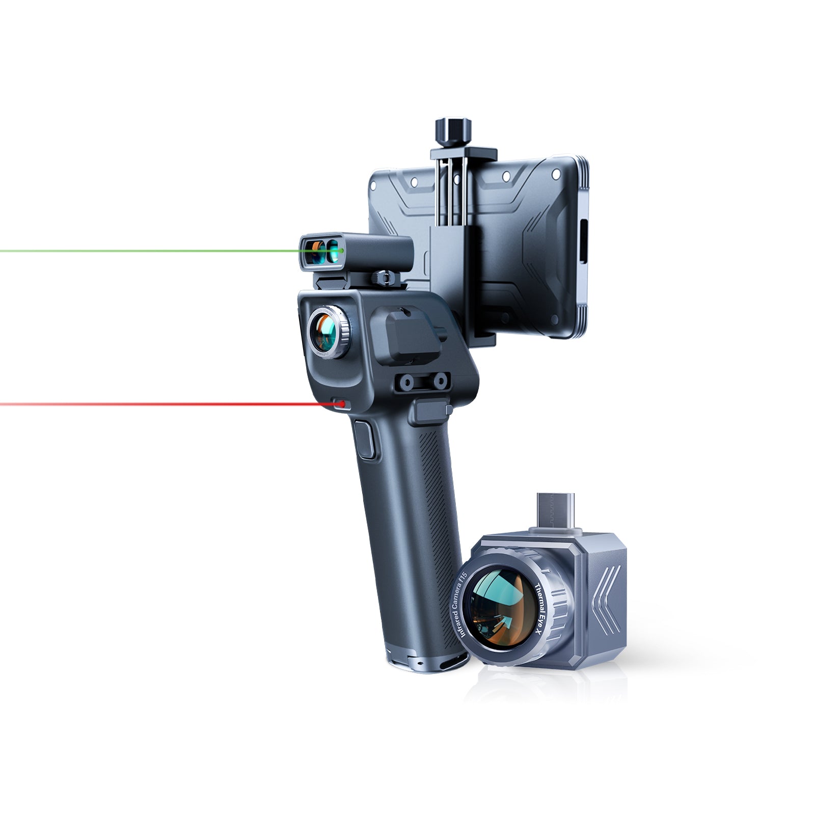 Un système de caméra thermique avec poignée, support pour smartphone émettant des lignes laser verte et rouge, et une caméra thermique séparée portant l'inscription Thermal Eye X.