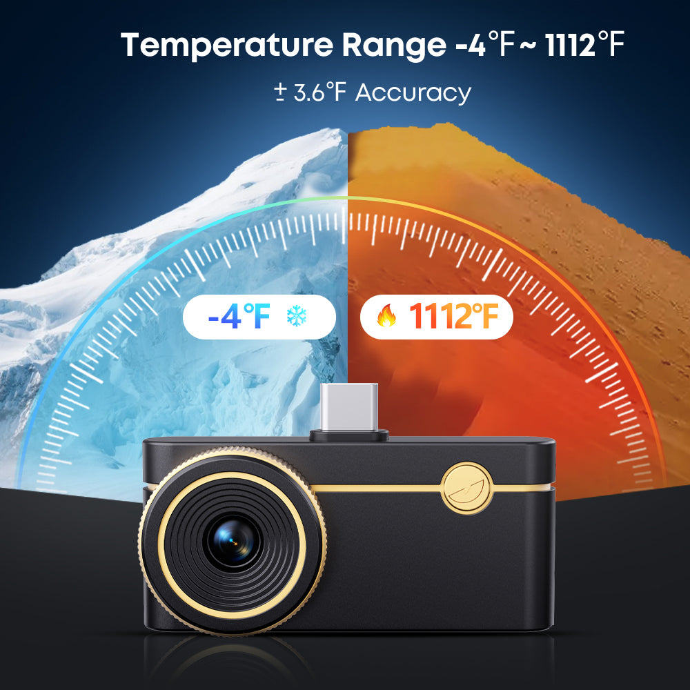 Caméra thermique devant un fond divisé montrant une montagne enneigée à -20 °C et un paysage volcanique à 600 °C avec indication de la plage de température et précision