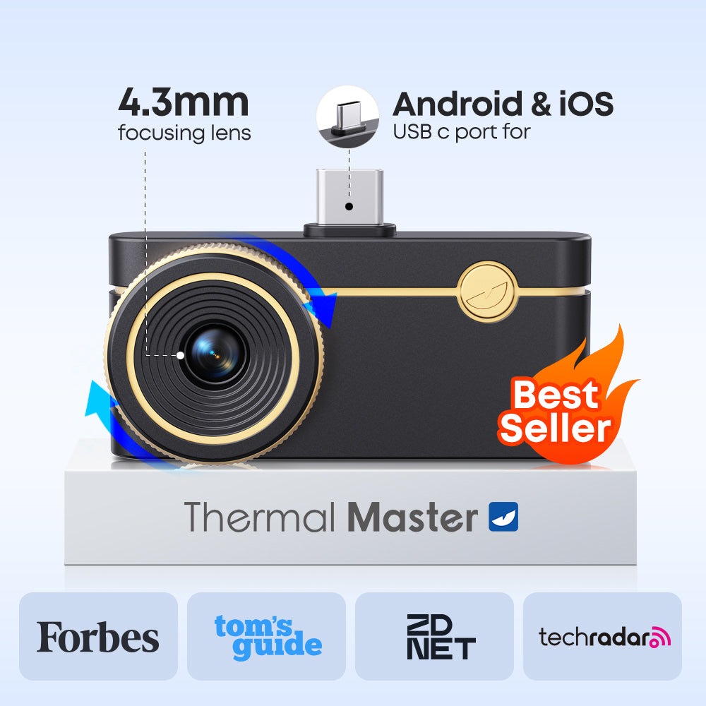 Caméra thermique Thermal Master avec annotations techniques indiquant l'objectif 4.3mm et la compatibilité USB-C Android/iOS, badge Best Seller et logos de médias