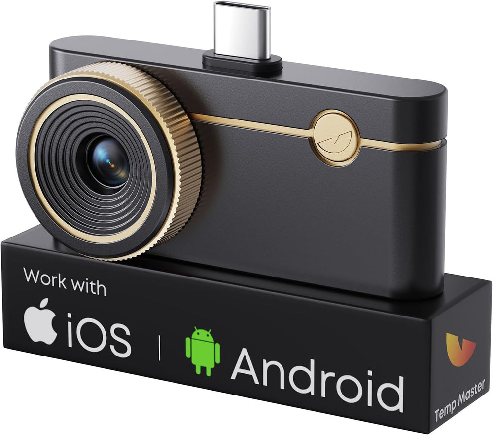 Caméra thermique noire sur socle indiquant la compatibilité iOS et Android avec mention Temp Master