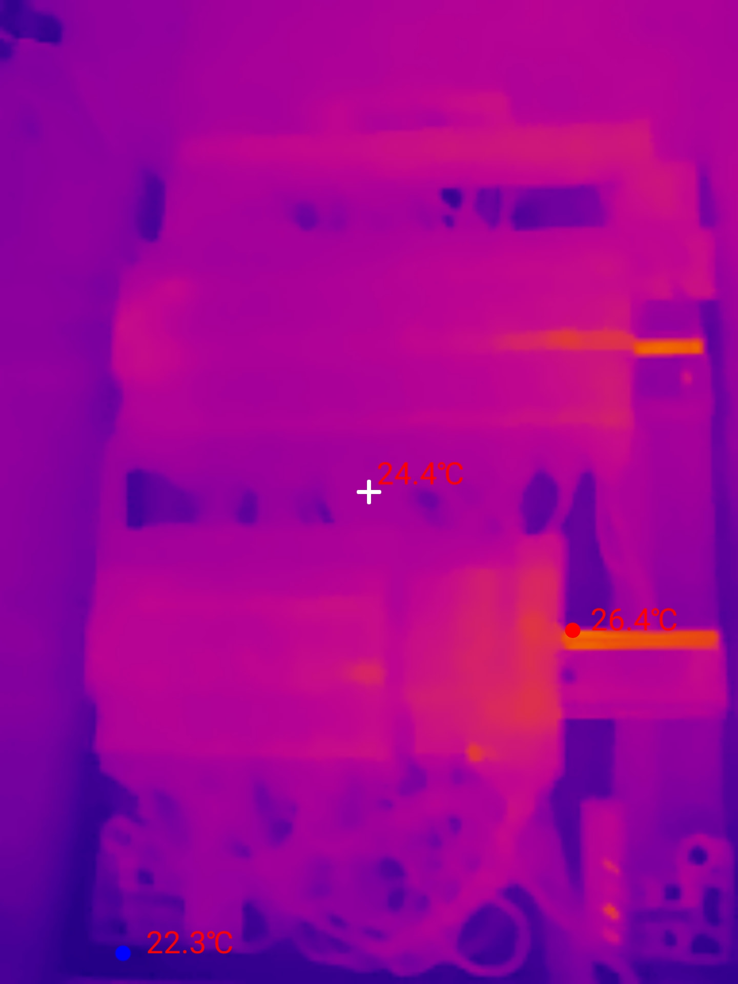 Thermografie eines Verteilerschranks mit maximal 26,4 °C, 24,4 °C in der Mitte und minimal 22,3 °C