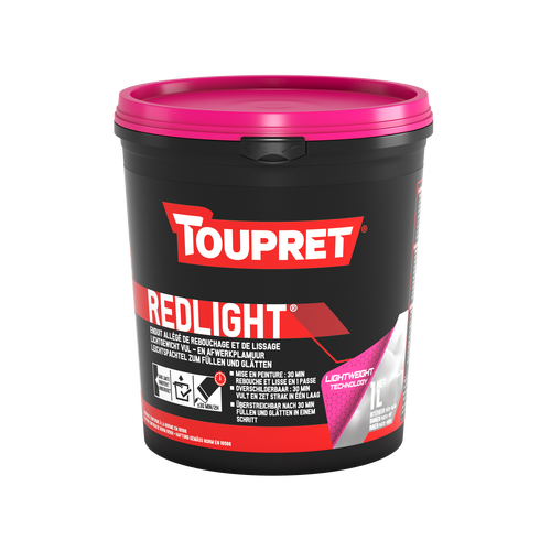 Seau d’enduit allégé Toupret Redlight, rebouchage et lissage en une passe