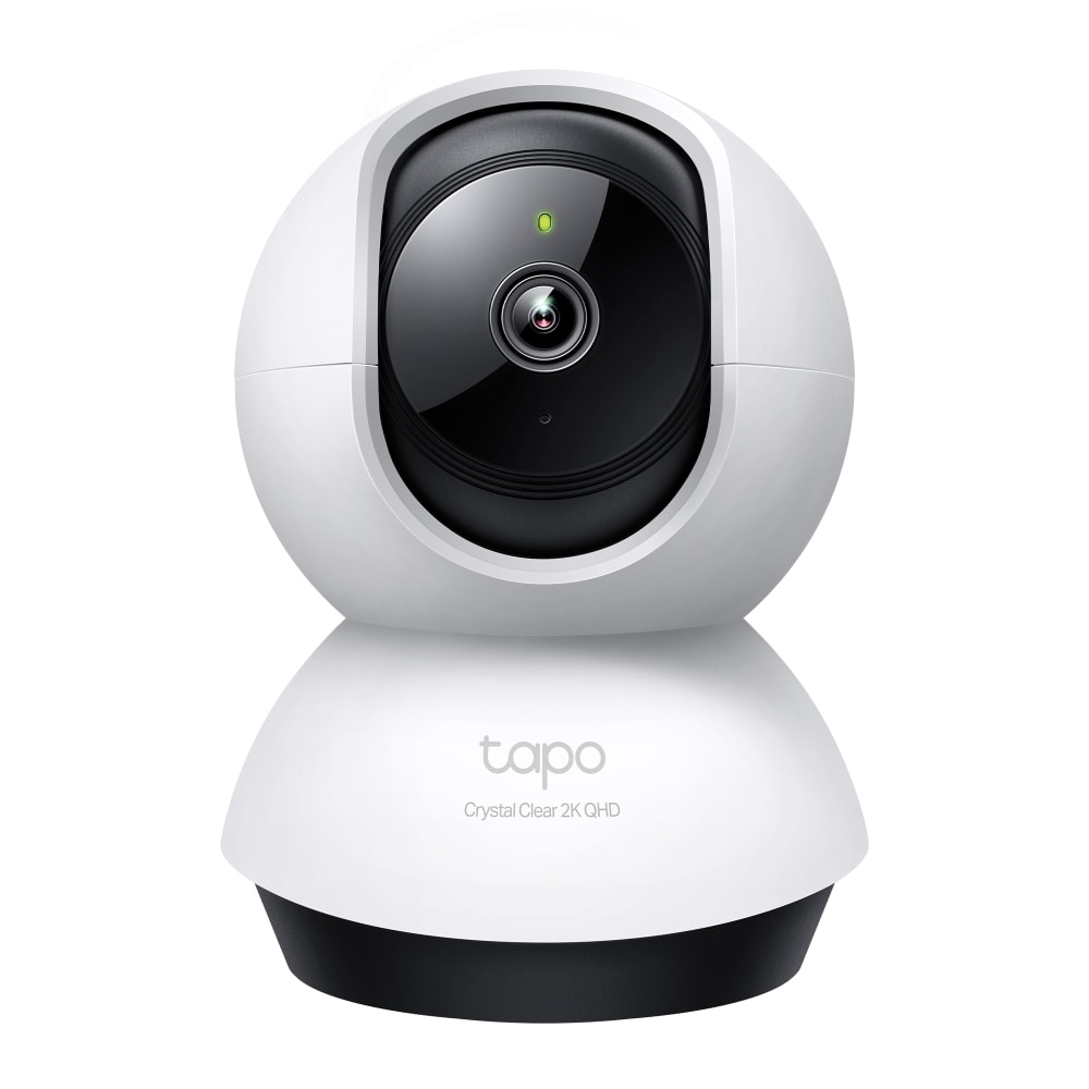 Caméra intérieure rotative blanche Tapo C220 de TP-Link, marquée Crystal Clear 2K QHD