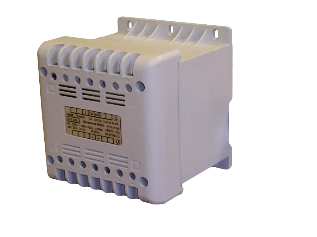 Autotransformateur monophasé gris avec des borniers de connexion et une étiquette technique.