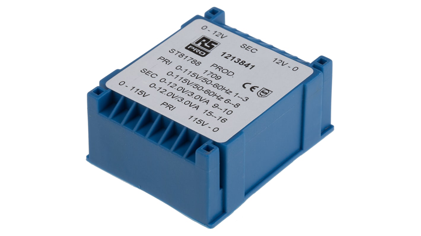 Petit transformateur électrique bleu de marque RS PRO avec une étiquette indiquant les caractéristiques techniques.