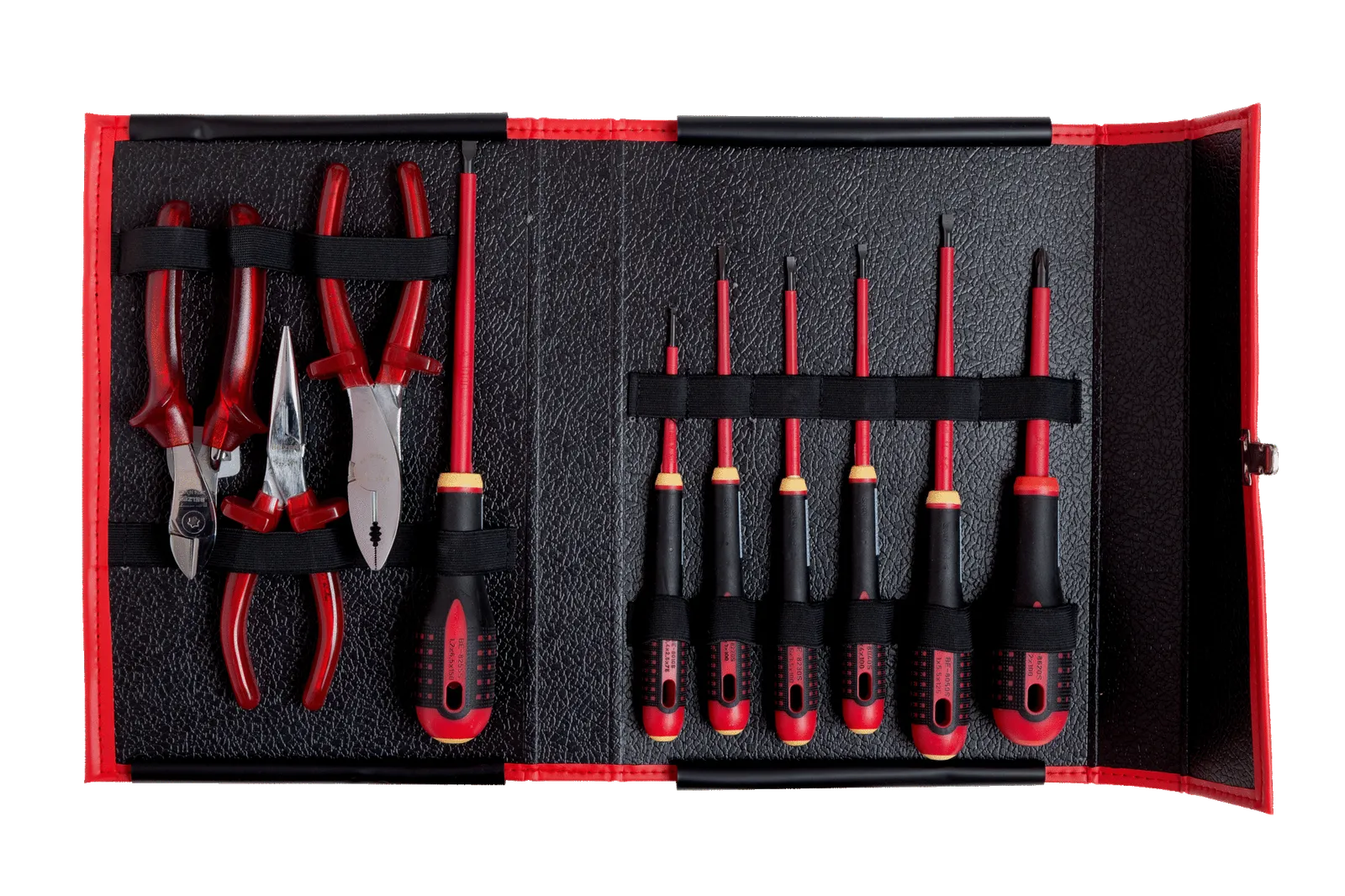 Mallette pliable Bahco 3045/1VDE ouverte avec sept tournevis et trois pinces