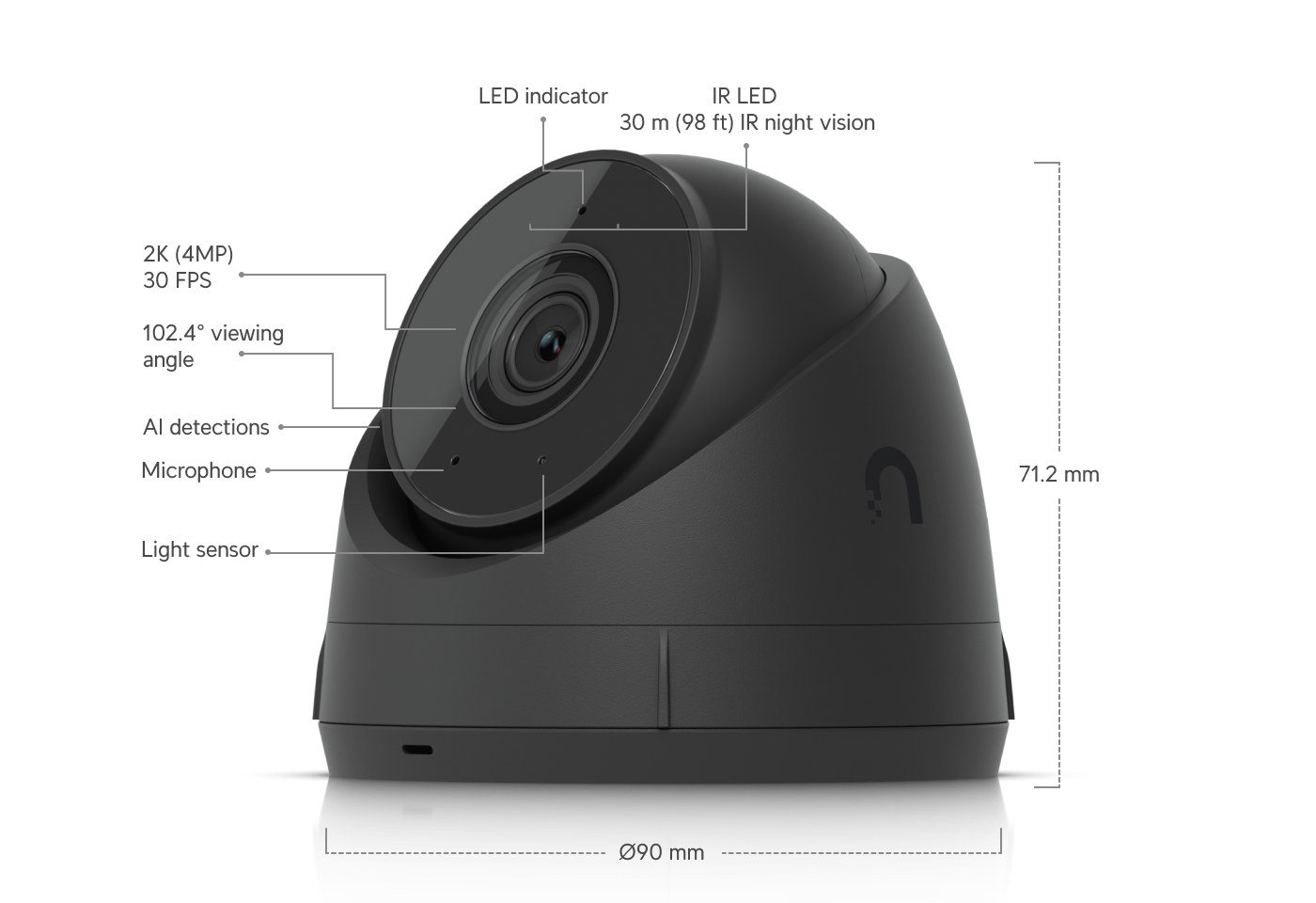 Caméra de surveillance UniFi Protect G5 Turret Ultra noire, de forme tourelle, avec objectif et capteur