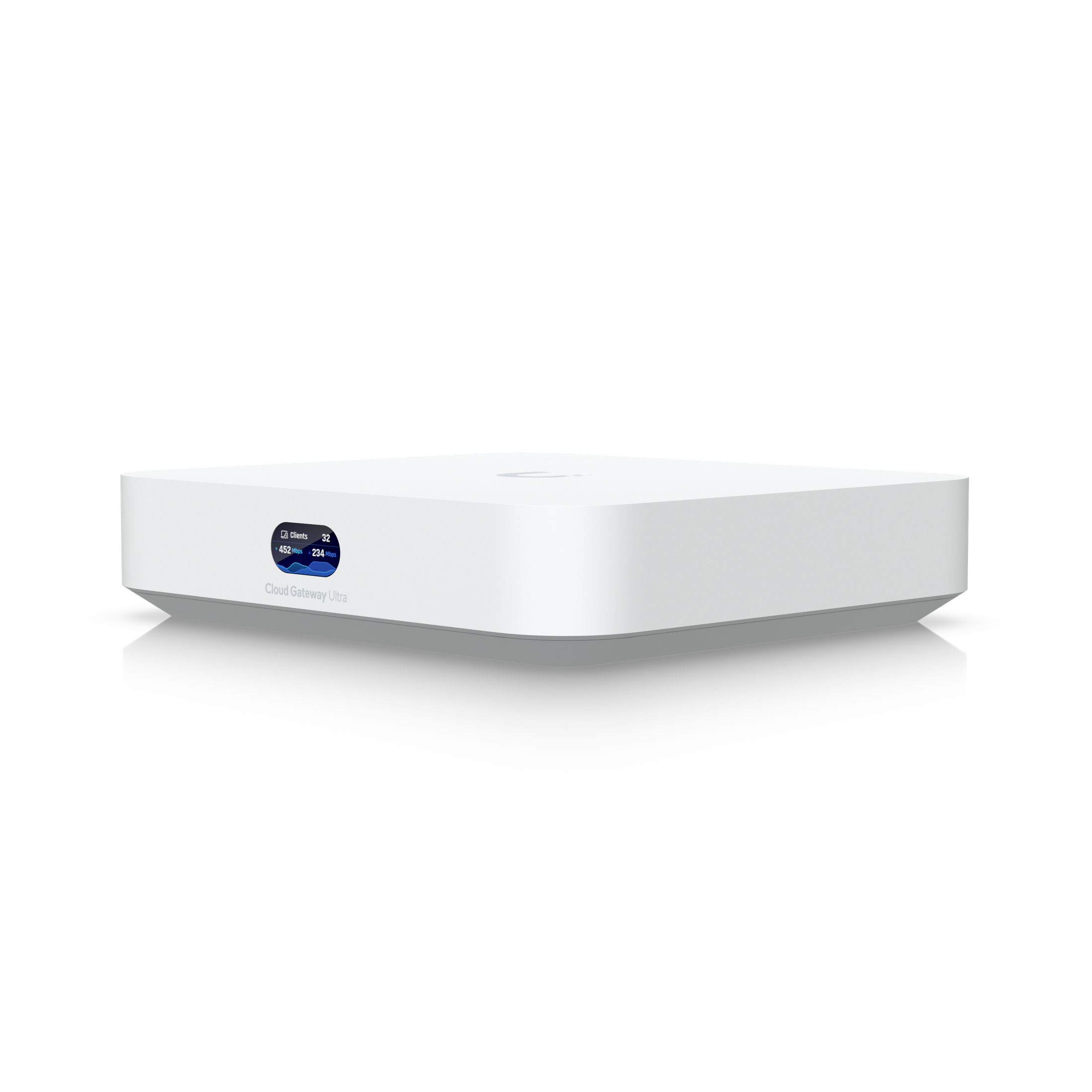 Console UniFi Cloud Gateway Ultra blanche avec écran circulaire affichant des statistiques réseau
