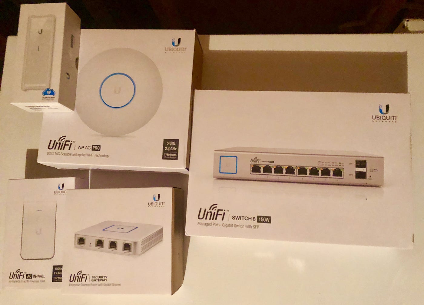 Plusieurs boîtes de produits Ubiquiti Networks empilées, incluant un UniFi AP AC Pro, un UniFi Switch 8 150W, un UniFi Security Gateway et un UniFi AC In-Wall.
