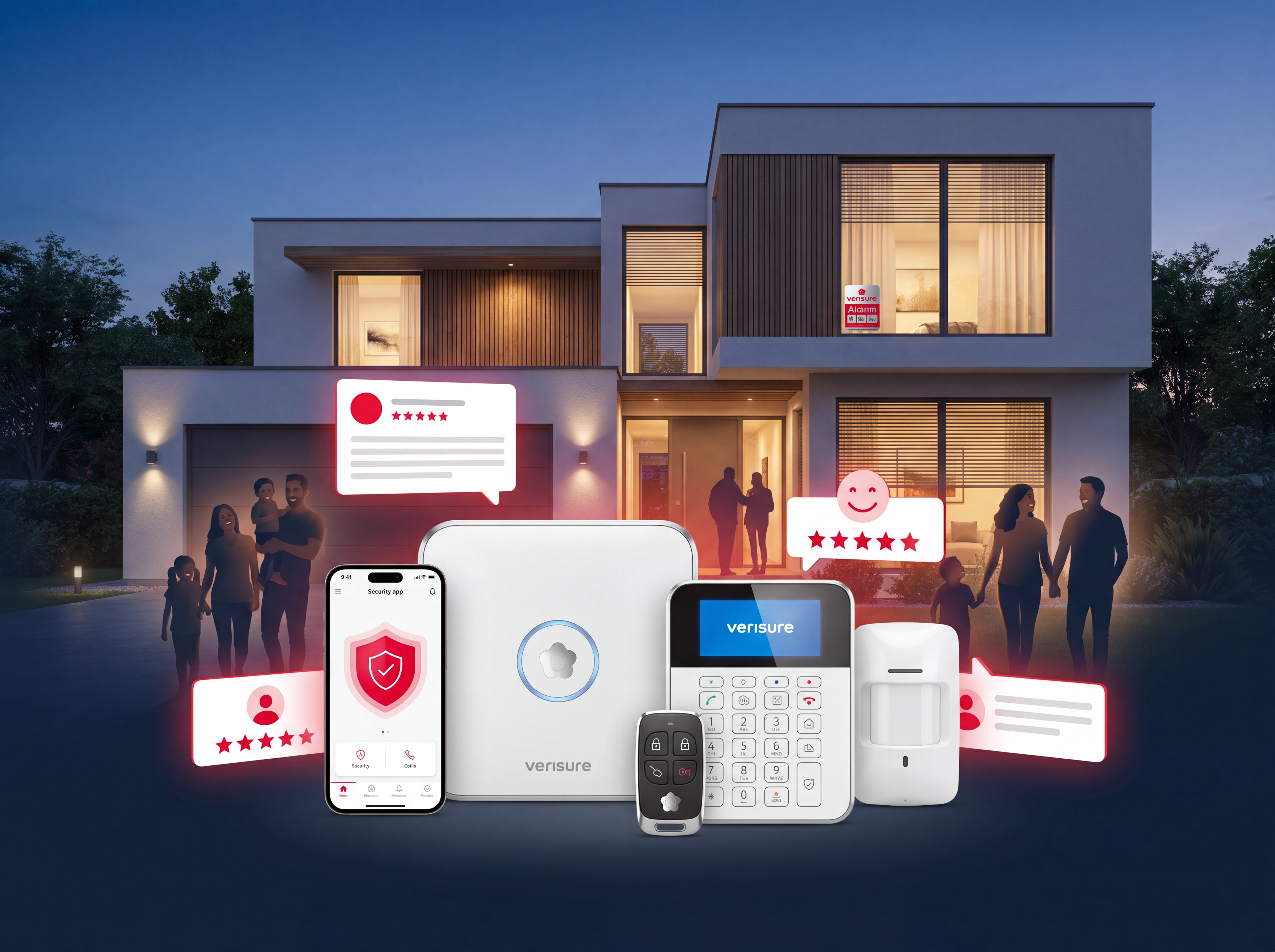Maison moderne le soir avec une famille, surmontée de bulles d’avis 5 étoiles et d’appareils du système d’alarme Verisure (centrale, clavier, télécommande, détecteur, smartphone) au premier plan.