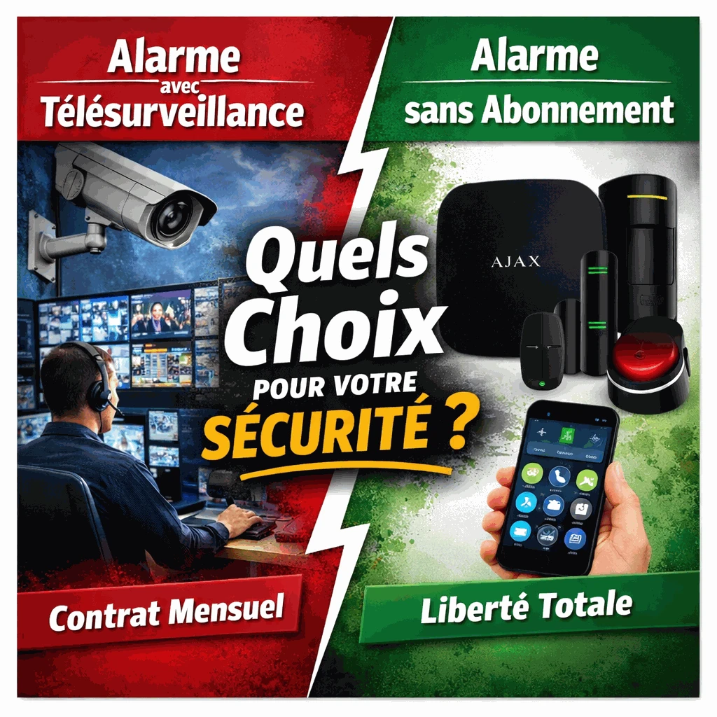 Illustration comparative d’un kit d’alarme Ajax sans abonnement : centrale noire au logo AJAX, détecteurs, sirène et téléphone affichant l’application